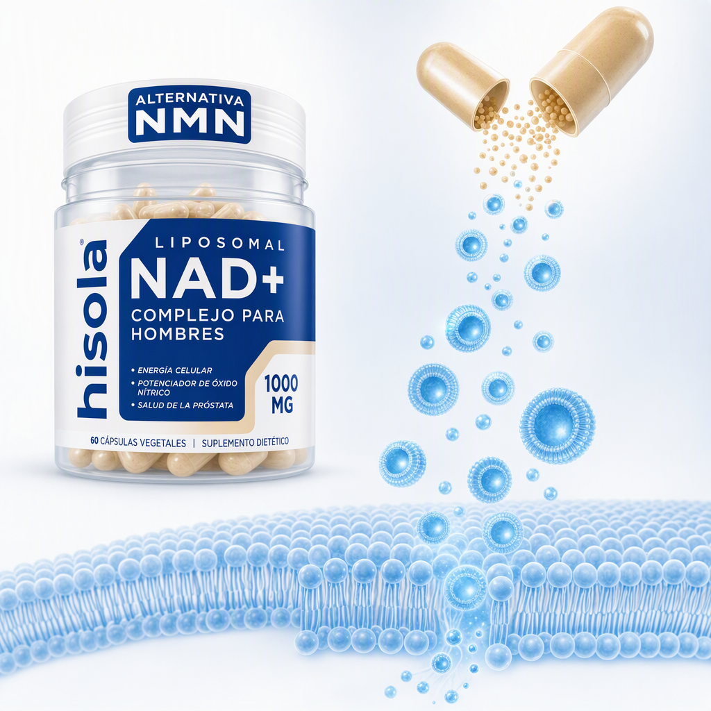 Render científico: una cápsula beige abriéndose y liberando esferas azules liposomales que se integran a una membrana celular; el frasco Hisola al costado.