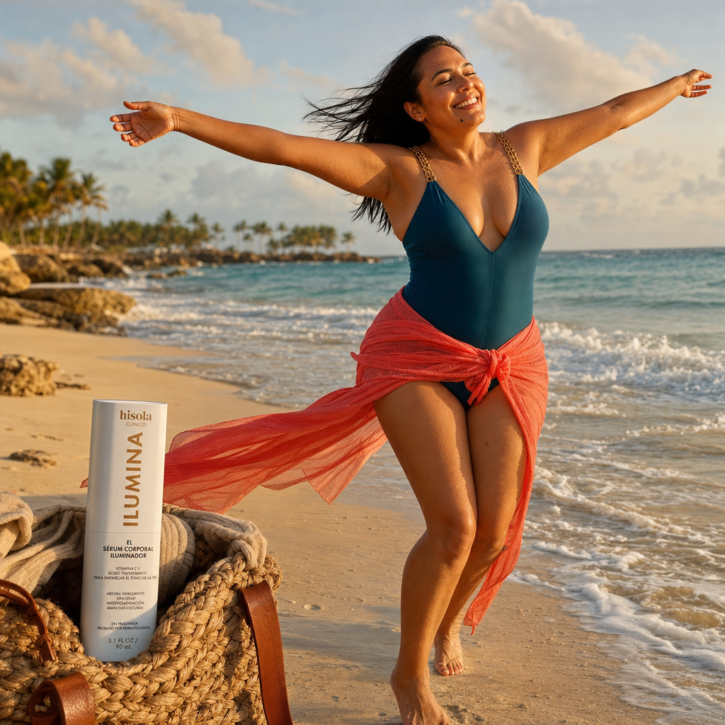 Mujer en la playa con los brazos en alto, con confianza real y sin cubrirse las axilas.