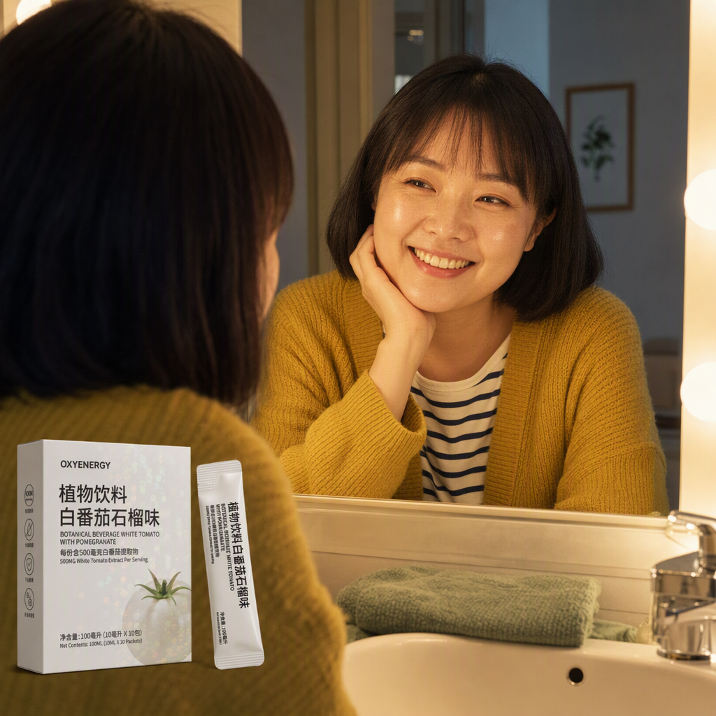 一位约32岁的华人女性在暖光浴室镜前轻笑,圆脸齐耳黑色短发,穿芥末黄针织开衫内搭条纹T恤,前景虚焦处立着一袋小包装和白银色包装盒。