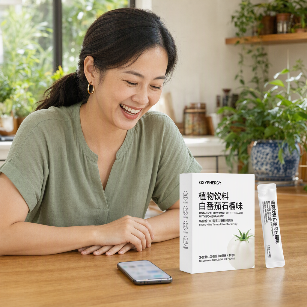 一位约38岁的华人女性戴细金框眼镜、穿芥末黄针织开衫,在家中餐桌前举着手机向朋友展示照片,桌上叠着两盒产品和一袋小包装。