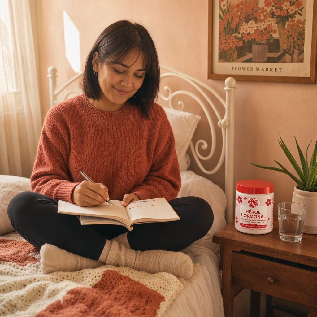 Mujer sentada en la cama con una libreta de seguimiento de ciclo y una sonrisa tranquila.