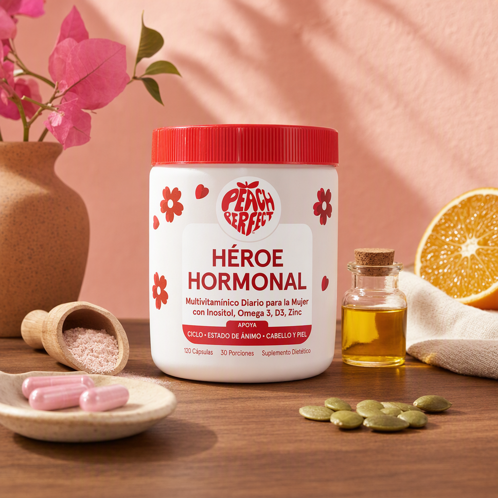 Frasco de Hisola Inositol junto a la etiqueta de ingredientes, sobre una mesa de madera.