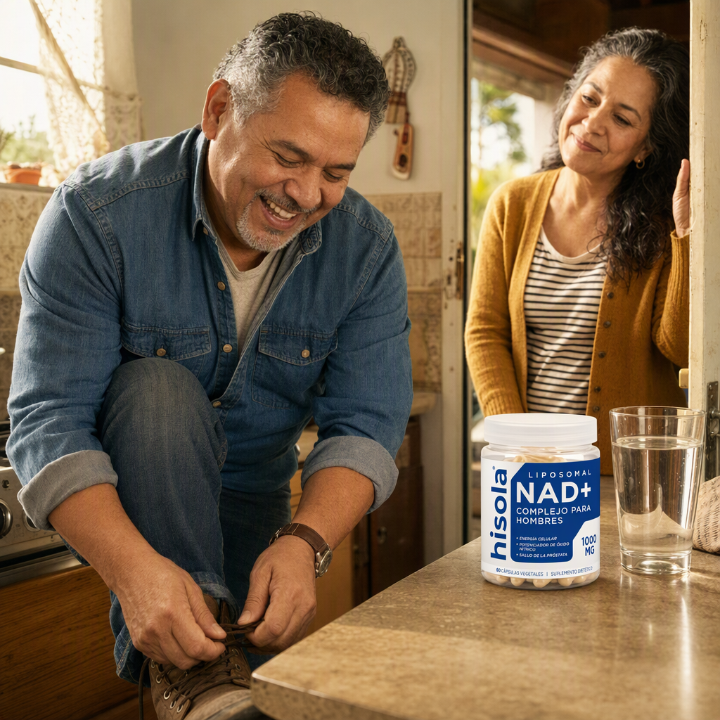 Hombre latino de unos 50 a&ntilde;os, con energ&iacute;a, abroch&aacute;ndose el reloj en la cocina por la ma&ntilde;ana mientras su esposa lo mira con cari&ntilde;o; el frasco de NAD+ Hisola sobre el mes&oacute;n.