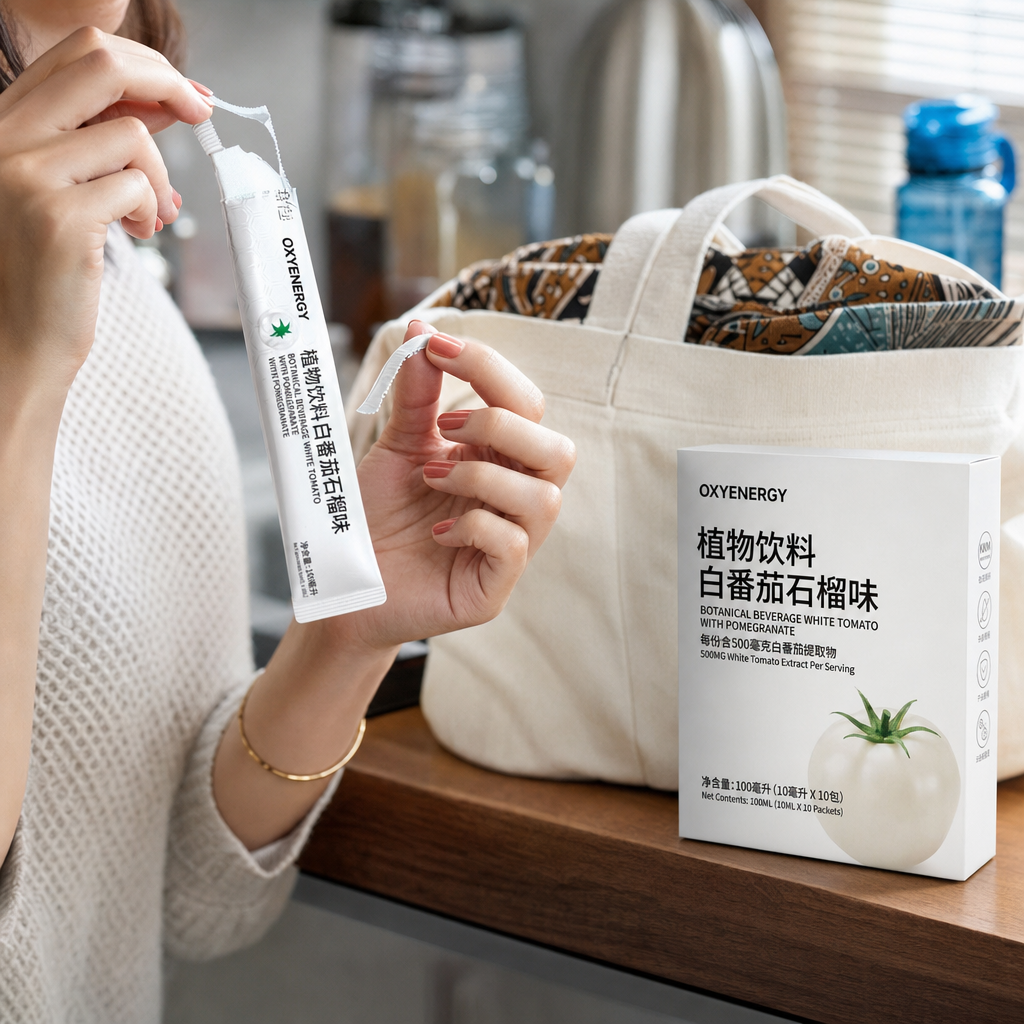 近景:一位华人女性手腕戴细金手镯,撕开白色铝箔小袋直接倒入口中,背景是虚化的办公室茶水间,旁边放着帆布通勤袋和未开封的白银色包装盒。