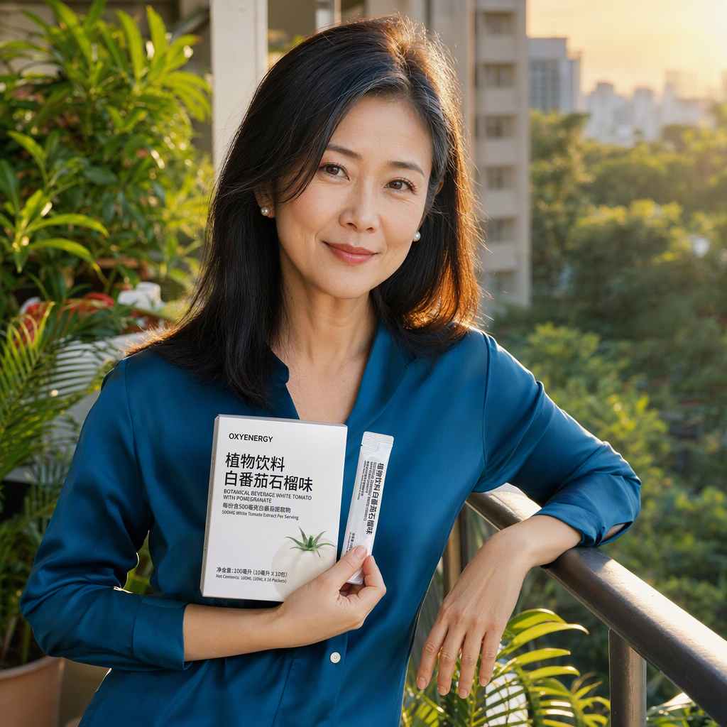 一位约41岁的华人女性在金色夕照的阳台上,穿墨绿色丝质衬衫,神情从容地手持白银色全息包装盒,指间夹着一袋小包装。